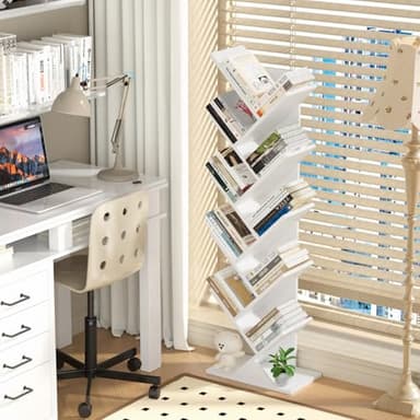 SHEEPAM 10 Tier Tree Book Shelf, Floor Standing Wood Bookshelf for Narrow Space, Storage Organizer Bookshelves for Books/CDs/Magazine, Bookcase with Shelves for Home Office, Living Room - White - Image 2