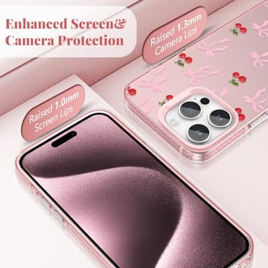 ZTOFERA for iPhone 15 Pro Max Case,Cute Pink Ribbon Bow Tie Planet Star Floral Aesthetic Phone Case,Trendy Slim Hard IMD Shockproof Protective Bumper Phone Cover for Women Girls,Cherry - Image 2