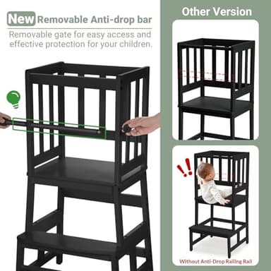 COSYLAND Kids Kitchen Step Stool Helper Baby and Toddler Multi-Function Step up Nursery Helper Stand with Safety Rail in Natural Bamboo, Strong and Lightweight (Black) - Image 2