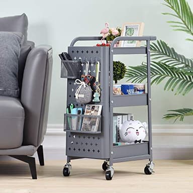 KINGRACK 3-Tier Rolling Cart, Metal Utility Cart with Pegboard, Storage Trolley Organizer Serving Cart with Handle and Extra Baskets Hooks for Kitchen Office Teacher Classroom, Grey - Image 5
