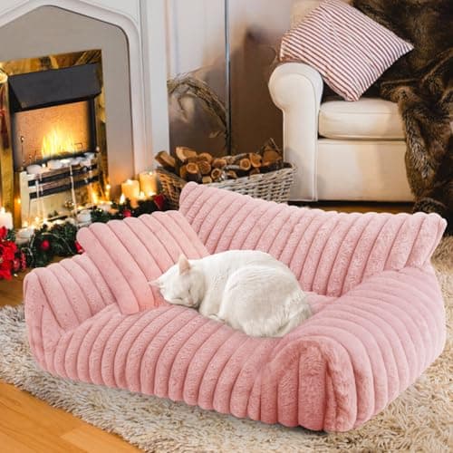 Cute Cat Couch Bed for Indoor Cats, Fluffy Pet Cat Sofa with Premium Soft Corduroy Fleece, Cute Small Dog Beds for Small Dogs, Fuzzy Puppy Chair with Removable Washable Cover (24x18x10,Pink) - Image 1