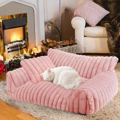 Cute Cat Couch Bed for Indoor Cats, Fluffy Pet Cat Sofa with Premium Soft Corduroy Fleece, Cute Small Dog Beds for Small Dogs, Fuzzy Puppy Chair with Removable Washable Cover (24x18x10,Pink) - Image 1