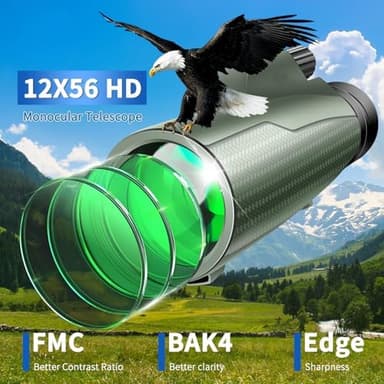 12x56 Monoculars for Adults High Powered, HD BAK4 FMC Monocular Telescope with Smartphone Adapter & Tripod, Portable Lightweight Monocular Scope for Bird Watching, Stargazing, Concerts & Sports Events - Image 4