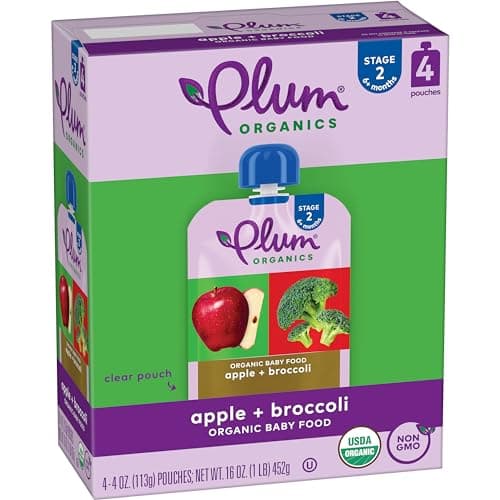 Plum Organics Apple and Broccoli, 6+ Months - Organic Fruit and Veggie Baby Food Pouches, 4 oz Pouch (Pack of 4) - Image 1
