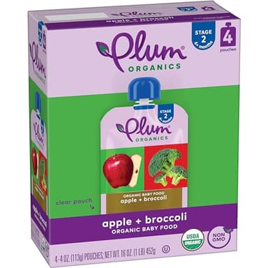 Plum Organics Apple and Broccoli, 6+ Months - Organic Fruit and Veggie Baby Food Pouches, 4 oz Pouch (Pack of 4) - Image 1