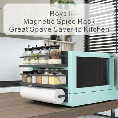 Roysili Magnetic Spice Rack for Refrigerator Magnetic Fridge Shelf for Kitchen Spice Organizer Magnetic Shelf for Fridge Space Saving Black 4 Pack with Magnetic Paper Towel Holder - Image 6