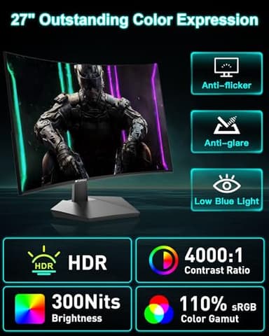 SANSUI 27 Inch Curved 160Hz Gaming Monitor, 1500R Curved Computer Gaming Monitor FHD 1080P, 4000:1, 110% sRGB, FPS/RTS, 1Ms MPRT|FreeSync|HDR|Low Blue Light|HDMI DP| VESA Support, HDMI Cable Incl. - Image 7