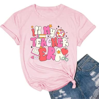 Haukea Teacher Shirts for Women Teacher Appreciation Gifts in My Teacher Era Shirt Pink Graphic Tee Short Sleeve t Shirts Clothes, Large - Image 1