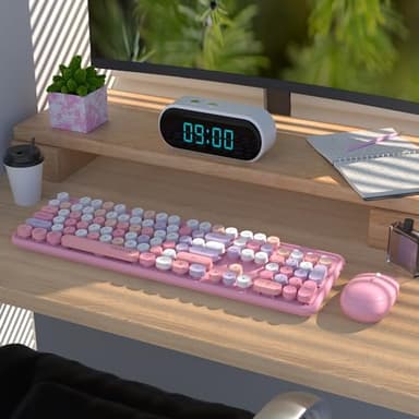UBOTIE Colorful Computer Wireless Keyboard Mice Combo, Retro Typewriter Flexible Keys Office Full-Sized Keyboard, 2.4GHz Dropout-Free Connection and Optical Mouse (Pink-Colorful) - Image 2