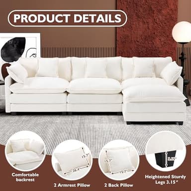 Ihanherry 111.4" L Shaped Modern Sofa Modular Sectional Cloud Couch with Ottoman, 4-Seat Chenille Deep Seat Sofa with Pillow for Living Room, Bedroom and Apartment, Beige - Image 3