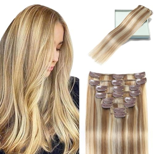LORIEN Clip in Hair Extensions Real Human Hair, Remy Human Hair Extensions Clip ins for Women, 100% Natural Human Hair, Double Weftm, 24inch 120g 8Pcs, #16/22 Light Blonde to Golden Blonde - Image 1