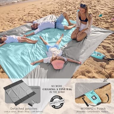 WEKAPO Beach Blanket - Sandproof Waterproof Extra Large Beach Mat | Oversized Sand-Free Lightweight Quick-Drying | Beach Vacation Essentials with Stakes & Corner Pockets (Grey, 9x7 FT) - Image 3