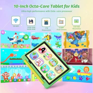 ZOFYWNAS Kids Tablet 10 Inch Android 14 Tablet for Kids Ages 3-12, Octa-Core with Case, Parental Controls,14GB+64GB Storage (TF Expand 1TB), 5G WiFi, BT5.3, Green - Image 3