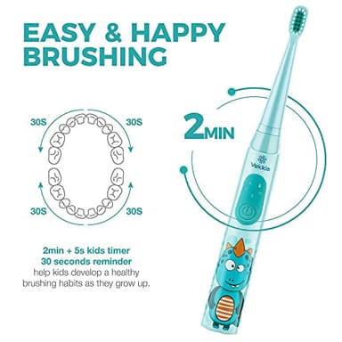 Vekkia Sonic Rechargeable Kids Electric Toothbrush, 3 Modes with Memory, Fun & Easy Cleaning, 24000 Strokes, IPX7 Waterproof, 2-Min Timer for Age 5+, 4 Soft Bristles(Blue) - Image 4