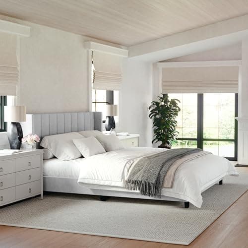 Martha Stewart Kay Low Profile Platform Bed with Wingback Headboard, Channel Stitched Faux Linen Upholstery, No Box Spring Needed, King, Gray - Image 1