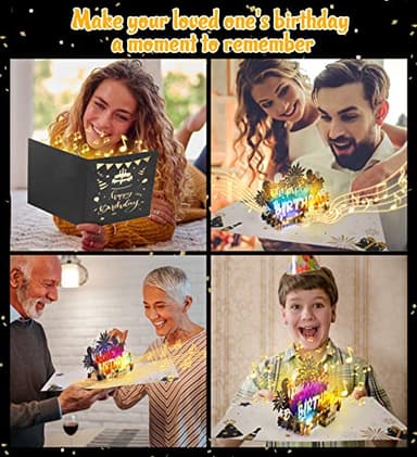 BYKOOO Birthday Card | Musical Pop Up Birthday Cards w Light | Blow Out LED Light Candle & Play Happy Birthday Music Pop Up Card | Greeting Cards Gifts for Him or Her | Black Gold (Blowable Candle) - Image 8