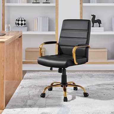 Yaheetech Mid-Back Office Chair PU Leather Desk Chair Adjustable Executive Task Chair w/Lumber Support Gold Leg Black Seat - Image 4