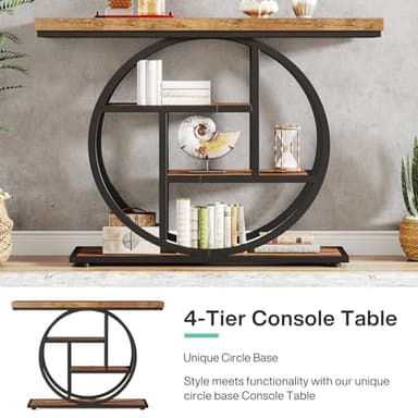 Tribesigns 41.3" Console Table, Industrial 4-Tier Sofa Table Entryway Table with Circle Base, Narrow Wood Accent Tables with Storage Shelves for Living Room, Hallway, Foyer, Rustic Brown - Image 6