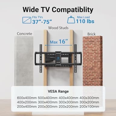 PERLESMITH Long Arm TV Wall Mount Full Motion for 37-75 inch TVs, Corner TV Mount Bracket with 27.36-inch Articulating Long Extension Arm, Swivel&Tilt, Max VESA 600x400mm up to 110lbs, 16" Wood Stud - Image 2