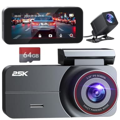 Dash Cam Front and Rear, 2.5K /1080P QHD Dual Dash Camera for Cars, Super Night Vision Dashcam, Loop Recording, 3.39” IPS, 64GB Card Included, 160° Wide Angle, Parking Mode - Image 1