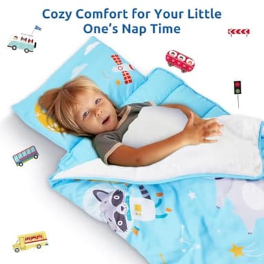 Safotad Toddler Nap Mat with Pillow and Blanket, Soft Sleeping Bag for Kids Boys and Girls, Slumber Bags Kids for Preschool, Daycare, Travel, Camping, 54" x 33" Great for Ages 3-6（Light Blue - Image 2