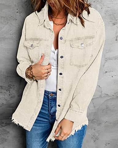 Vetinee Women's Oversized Boyfriend Cannoli Cream Front Button Up Frayed Raw Hem Long Sleeve Pockets Denim Jean Jacket Shacket Large Size 12 Size 14 - Image 4