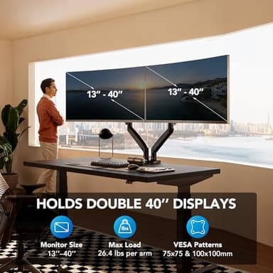 HUANUO Dual Monitor Stand for 13 to 40 inch, Premium Dual Monitor Mount with USB, Height Adjustable Monitor Stand for 2 Monitors, VESA Mount with Clamp/Grommet Base, Each Arm Hold up to 26.4lbs, HNDS7 - Image 2