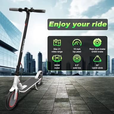 Electric Scooter - 8.5" Solid Tires, 350W Motor, Up to 19 MPH and 21 Miles Long-Range Portable Foldable Commuting Scooter for Adults with Double Braking System and App, White - Image 3