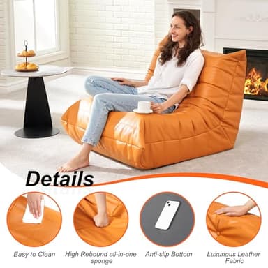 Hobestluk Bean Bag Chair Giant Bean Bag Sofa Memory Foam Bean Bag Couches for Adults, Leather Bean Bag Chairs for Living Room Bedroom Dorm Office (Orange) - Image 6