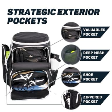 PBAW Pickleball Backpack for Men & Women – Large Gear Bag Fits 4 Paddles, Vented Shoe Compartment, 14 Pockets, Fence Hook, Dual XL Bottle Holders - Black/White - Image 2