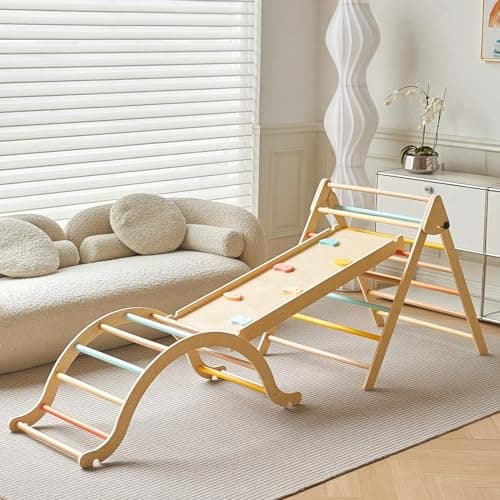 Giant bean Pikler Triangle Set, Pastel 5 in 1 Pickler Climbing Set, Foldable Wooden Toddler Climbing Toys Indoor, Playground Jungle Gym for Kids 2-6, Montessori Set - Image 1