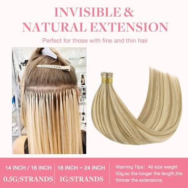 GOO GOO I Tip Hair Extensions, Real Human Hair, 22inch 50g, Cold Fusion, Invisible Remy, 16/22 Light Blonde Highlighted Golden Blonde - Image 3