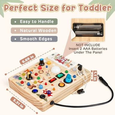 Joyreal Wooden Busy Board with LED Lights, Montessori Sensory Toys for Toddlers, Activity Fidget Board Travel Toys for Fine Motor Skills & Learning, Gifts for 1-3 Year Old Boys & Girls (Forest Theme) - Image 5
