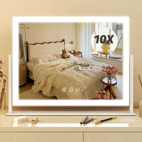 FENNIO Vanity Mirror with Lights 13'' x 17'' Makeup Mirror with Lights,Vanity Mirror Touch Screen with 3-Color Lighting,Dimmable,for Vanity Desk Bedroom White - Image 1