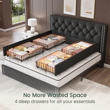 LARMACE Queen Size Bed Frame with 4 Storage Drawers and Tufted Headboard Linen Upholstered Platform Bed Frame with Heavy Duty Wood Slats, No Box Spring Needed, Easy Assembly, Grey - Image 4