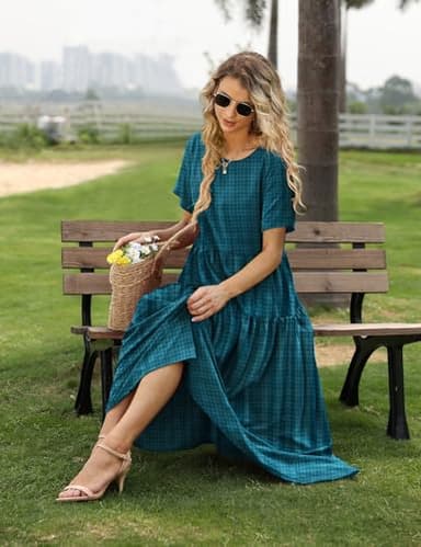 YESNO Women Casual Loose Bohemian Floral Dress with Pockets Short Sleeve Long Maxi Summer Beach Swing Dress (3XL EJF Solid C Dark Cyan) - Image 2