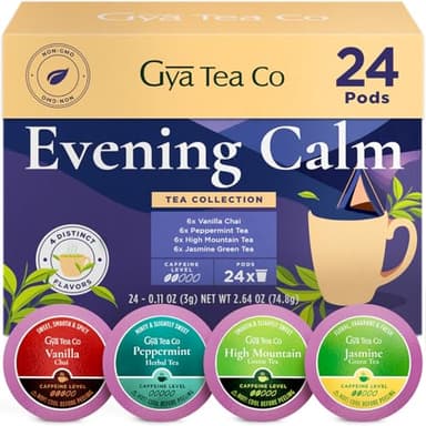Gya Tea Co Evening Calm Tea Gift Set (24 ct) - Assorted Tea Pod Variety Pack with Vanilla Chai, Peppermint, High Mountain, Jasmine Green 4 Flavors for Night Rest, Digestion & Relaxation - Image 1