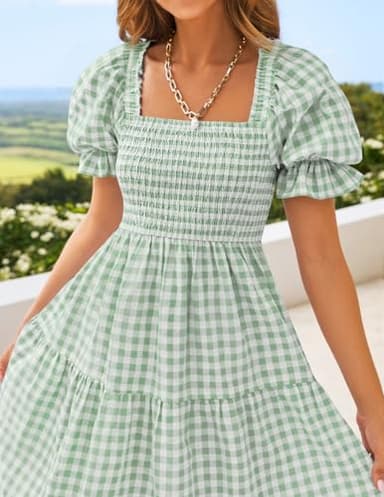 ZESICA Women's 2025 Bohemian Summer Plaid Square Neck Puff Sleeve Ruffle Flowy Beach Midi Dress,Green,Large - Image 4