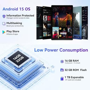 Tablet 10 Inch Android 15 OS GMS Certified Tablets PC 1.8 GHz 5-Core 16 (3+13) GB RAM 32 GB ROM 1 TB Expandable 1280x800 HD IPS Touch Screen 5000 mAh WiFi 6 Bluetooth 5.4 Dual Camera 2025 (Black) - Image 3