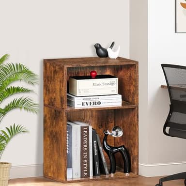 LEYAOYAO 2 Cube Bookshelf,Brown Record Player Stand Holds up to 100 Albums, Mini Wood Book Shelf Storage Organizer,Turntable Stand with Vinyl Storage Cabinet, Narrow Open Bookcase for Small Spaces - Image 5