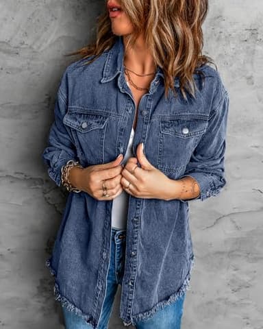 Vetinee Jean Jacket Women Oversized Boyfriend Bay Blue Front Button Up Frayed Raw Hem Long Sleeve Pockets Denim Jean Jacket Shacket X-Large Size 16 Size 18 - Image 3