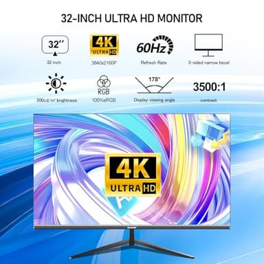 Gawfolk 32 Inch 4K UHD Computer Monitor, Ultra-Clear (3840×2160p) Screen, 100% sRGB,178° Viewing Angle, HDMI、Display Port, Compatible with Wall mounting 100 * 100MM - Black - Image 2
