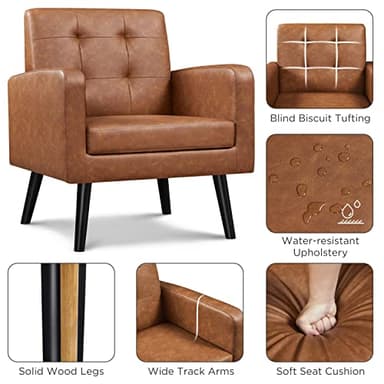 Yaheetech Mid-Century Accent Chairs, PU Leather Modern Upholstered Living Room Chair, Cozy Armchair Button Tufted Back and Wood Legs for Bedroom/Office/Cafe, Retro Brown - Image 4