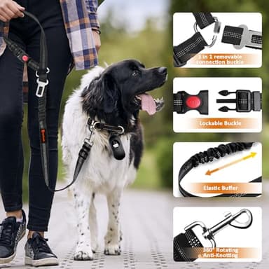 Removable Dog Seat Belt Harness for Car, 3 in 1 Pet Dog Car Seatbelt Leash, Retractable Restraint Secures to Vehicle Headrest & Adjustable Reflective Bungee Dog Seatbelt Tether, Black - Image 5