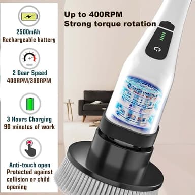 MGLSDeet Electric Spin Scrubber Scrub Brush, Retractable Handle Rechargeable Cleaning Brush with 7 Replaceable Brush Heads, Cordless Power Spin Scrubber 90Mins for Bathroom Shower Bathtub Glass Car - Image 5
