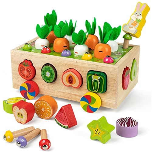 Coogam Montessori Fine Motor Toys for Baby Toddler, Wooden Shape Sorter Carrot Harvest Game for Easter Basket Stuffer, Preschool Learning Educational Gift Toy for 3 4 5 Year Old - Image 1