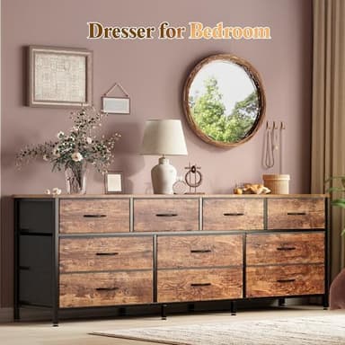Huuger 63 Inch Dresser for Bedroom, Long Dresser with 10 Fabric Drawers, TV Stand for 55, 65, 70 Inch TV, Toy Storage Organizer for Closet, Rustic Brown - Image 7