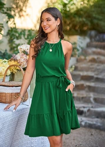 Newshows Women's 2025 Summer Dress Halter Casual Beach Vacation Outfits Hawaiian Dresses Ruffle Belted Sundress with Pockets(Dark Green, S) - Image 3