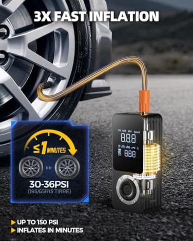 Cordless Tire Inflator Portable Air Compressor, Smart Air Pump for Car Tire with Digital Pressure Gauge, LED Light, 12V Car Power Adapter, Storage Box, Car, Motorcycle, Ball, BikePump - Image 2