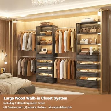 Aheaplus Closet System, 6-15Ft Closet Organizer with 8 Wooden Drawers, Wood Closet Organizer System with Tower, Walk-in Closet Organizer Wardrobe Garment Clothes Rack with 4 Hanging Rods, Black Oak - Image 6